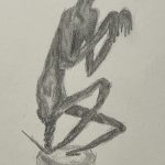 Skizze nach Germaine Richier, La Mante, Grande (Große Gottesanbeterin), 1946, Bronze, Holzsockel